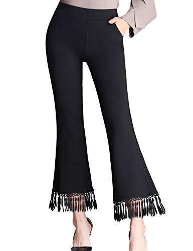 Rexcyril Women's Bell Bottom High Waist Flare Fringe Pants Stretch Cropped Capri Pants, Medium, Black