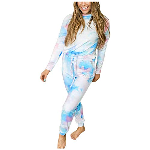 Langarmshirt + Hosen 2 Stücke Bekleidungssets für Damen Tie-Dyed Gedruckt Langarm Jogginganzug Pyjama(c-Blau,M)