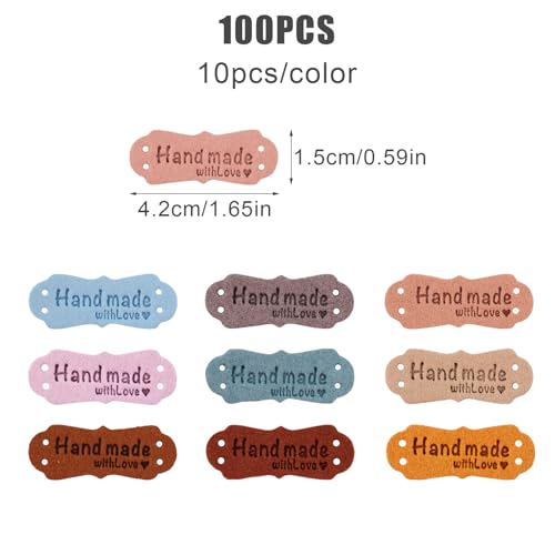 Image of SAVITA 50pcs Handmade Leather Labels, Microfiber Colorful Leather Labels with Love Hearts Handmade Embossed Crochet Tags with Holes for Crafts Knitting Sewing Hats Purses Clothing (10 Colors)