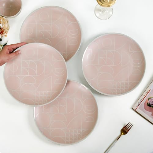Image of Nestasia Ceramic Dinner Plates Set of 4 (10 Inch Each) - Microwave & Dishwasher Safe Full Plates with Geometric Pattern - Perfect for Home, Kitchen, Dining & Gifting (Pastel Pink Matte Finish)