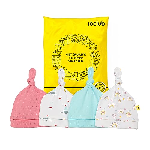 MY NEWBORN by 10CLUB Baby Cap with Knot – Set of 4 (Assorted) | Cotton Caps for Boys and Girls | Soft Cap Set for Babies | Adjustable Knotted Cap for Infants | All Season Tie Cap | Useful Baby Shower Gift