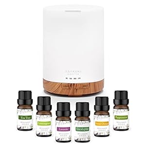 ASAKUKI 300ml Aromatherapy Oil Diffuser with 6Pcs*10ml Pure Essential Oil Gift Set, Cool Mist Essential Oil Diffuser…