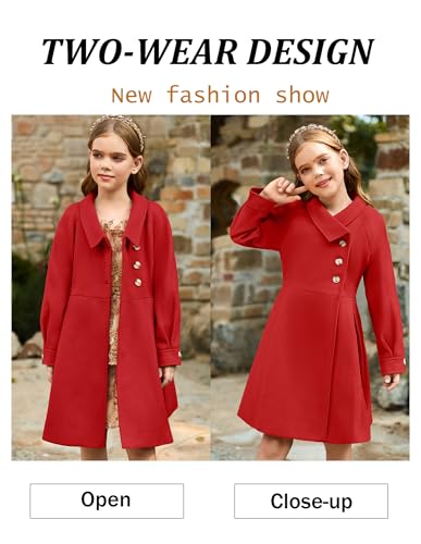 Image of GRACE KARIN Girls Dress Coat Kids Wool Lapel Long Button Jackets Fall Winter Outerwear Peacoat with Pockets 5-12Y