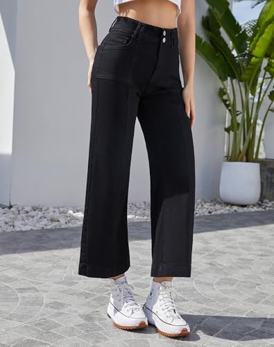 Women's Wide Leg Petite Jeans High Waisted Stretchy Cropped Denim Pants2