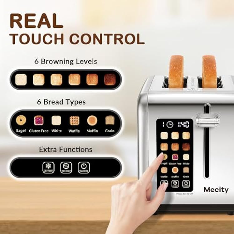 Mecity 2 Slice Toaster Touch Screen 1.5 Wide Slot, Stainless Steel Smart Bread Toaster for Bagel Muffin Waffle Gluten Free Breads, Timer, Defrost, Reheat, 120V 825W