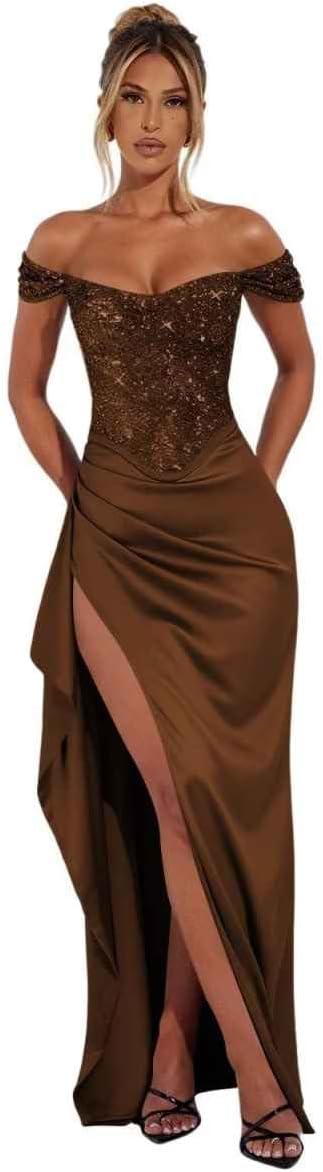 Sequin Prom Dresses 2026 Long Off Shuolder Satin Bodycon Cocktial Dress with Slit Mermaid Formal Evening Dress