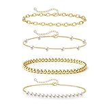 Zeffy Pearl Bracelets for Women, Gold Pearl Beaded Stackable Bracelets Charm Dainty Pearl Bracelet Stack Paperclip Link Chain Layered Bracelet Trendy Gold Bridesmaid Jewelry Set for Women