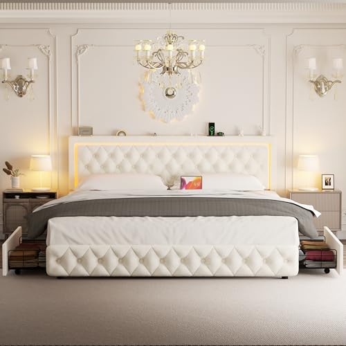 Full Bed Frame with 4 Storage Drawers, Velvet Upholstered Bed Frame Full Size with Charging Station and LED Lights, 46" Adjustable Button Tufted Headboard, No Box Spring Needed, Beige