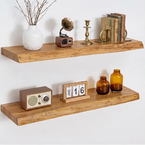 Image of Dreamland Rustic Elm Woood Floating Shelves for Wall Decor, Live Edge 30 inch W x 8 inch D Floating Shelves Set of 2, Wall Mounted Deep Wooden Shelf for Living Room, Bedroom, Kitchen, Bathroom, Natural