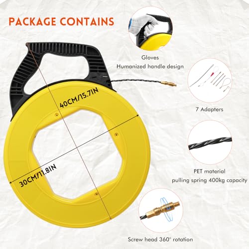 Fish Tape Wire Puller- Fiberglass Fish Tape Cable Puller Kit 164FT 3.5mm PET Wire Pulling Tools- Cable Pulling Aid Including 5 Adapters- Durable Cable Retraction Aid for Electrical Work - Thumbnail 2