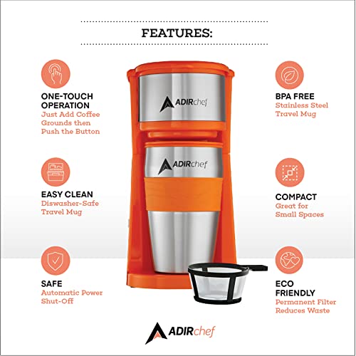 Adirchef Single Serve Mini Travel Coffee Maker & 15 Oz. Travel Mug Coffee Tumbler & Reusable Filter For Home, Office, Camping, Portable Small And Compact, Great For Fathers Day (Orange) #TOP1