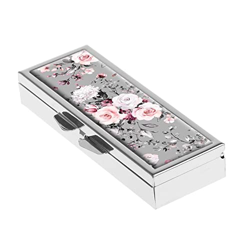 Pill Box,3 Compartment Mini Decorative Pocket Purse Portable Travel Medicine Tablet Vitamin Holder Organizer Rectangle Pill Case,Small Gray Flowers Floral #TOP2