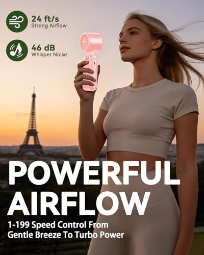 Image of Portable Handheld Fan with Ice Cooling, 7.5m /s High Speed Turbo Fan, 150 Foldable 4-in-1 Personal Neck Fan, 199 Speed Stepless Control, USB-C Rechargeable for Travel, Makeup, Hiking,Pink