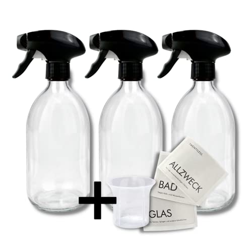 3 Sprühflaschen aus Glas á 500 ml mit Etiketten und Dosierkappe Ersatzflaschen für Reinigungsmittel Cover