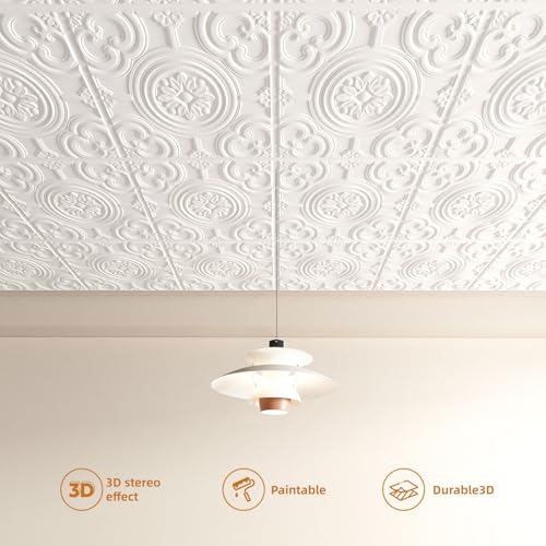 WOWSTAR 12-Pack 24\"x24\" Drop Ceiling Tiles, Waterproof Glue up Ceiling Panels, White - Thumbnail 4