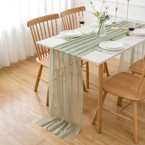 AOKSUNOVA Sage Green Chiffon Table Runner 4m x 70cm Sheer Wedding Table Runner for Thanksgiving Christmas Baby Shower