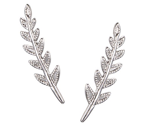 Ear Crawler Earrings, Olive Leaf Ear Climber Stud Stainless Steel Earring Jewelry with Push Backs - Silver Tone- By Regetta Jewelry