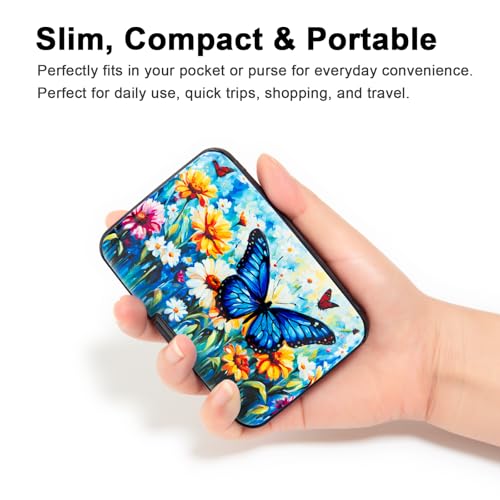 Image of Credit Card Holder Small RFID Blocking Wallet Business Metal Slim Mini Aluminum Hard Case for Women Men, Blue Butterfly Daisies, small