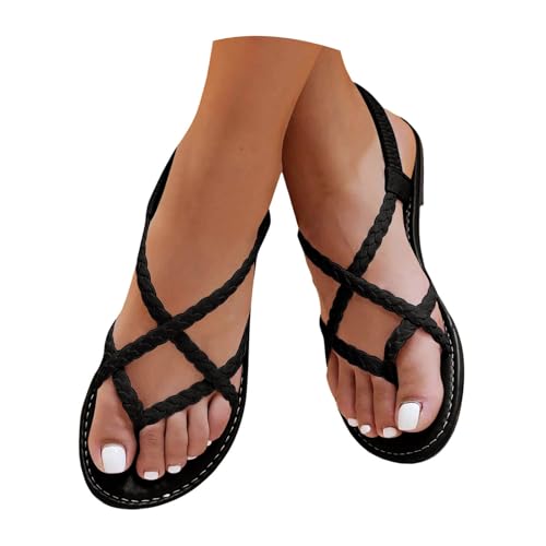 Women'S Dressy Flat Sandals Comfortable Slip On Leather Slide Open Toe Ankle Strap Flip Flops Sandals Summer Casual Comfortable Elastic Ankle Strap Beach Shoes (Black, 8.5)