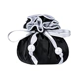 Marisa D'Amico Premium Satin Jewelry Pouch with 8 Interior Pockets – Drawstring Organizer Bag for Rings, Earrings, Necklaces – Black & Silver Round Jewelry Storage Pouch