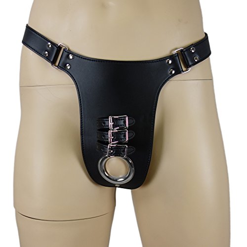 SEE-X® Penisfessel Tanga, Herren Slip mit Penisring Hodenring Öffnung und 3 Penis-Fessel Schnallen, Bondage BDSM Gürtel Lederoptik 9081