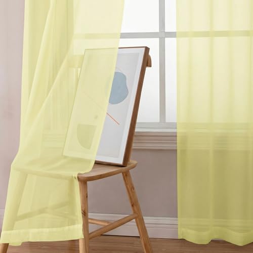 Image of Simplebrand Light Yellow Rod Pocket Top Solid Voile Sheer Curtains for Bedroom, 54 Inch Length Drapes Set of 2, Lightweight and Light Filtering Elegant Curtains Panels Window Treatment, 42Wx54L