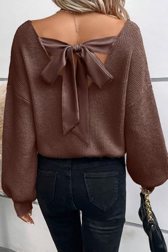 Image of Womens Off Shoulder Bow Back Sweater Sexy Loose Fit Deep V Neck Knit Tops | Backless, Lantern Long Sleeves, Ribbed Knit, Lightweight, Fall Winter Outfit, Party, Halloween, Christmas, New Year's Eve