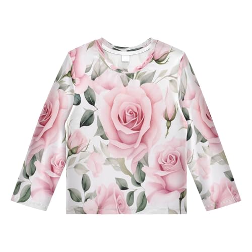 Boys Rash Guard Swim Shirt Long Sleeve UPF+ 50 Sun Shirts Quick Dry Shirt Bloom Pink Rose for Toddler Kids