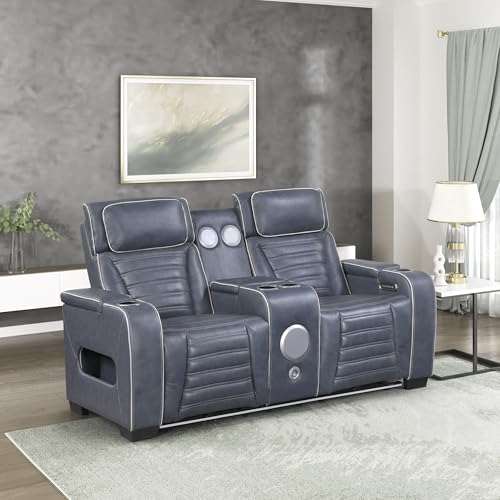 Lexicon Power Double Reclining Loveseat, Center Console/Heat/Massage/Headrest/Storage Arms/Cup Holders/LED Lights/Wireless Speaker, Top Grain Leather - image 1