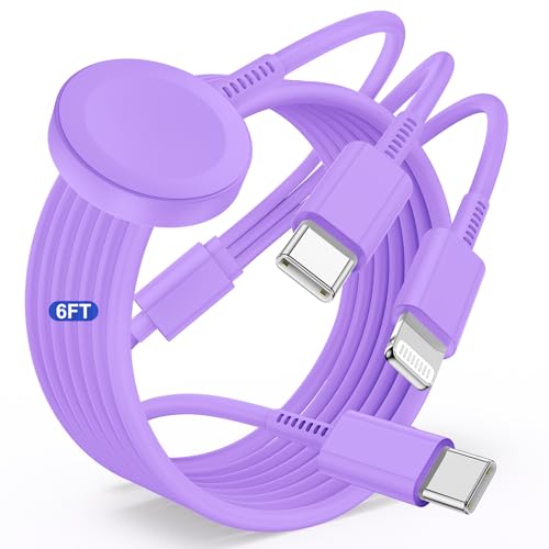 Image of for Apple Watch Charger Fast Charging,3 in 1 Multi Charger USB C Cable,iWatch Charger Cord 6FT for iWatch Ultra3 /2 /1 /SE 3 /2 Series 11 /10 /9 /8 /7 /6 /5 /4,for iPhone17 15 16 Pro Max /14 /13 /12 /11-Purple