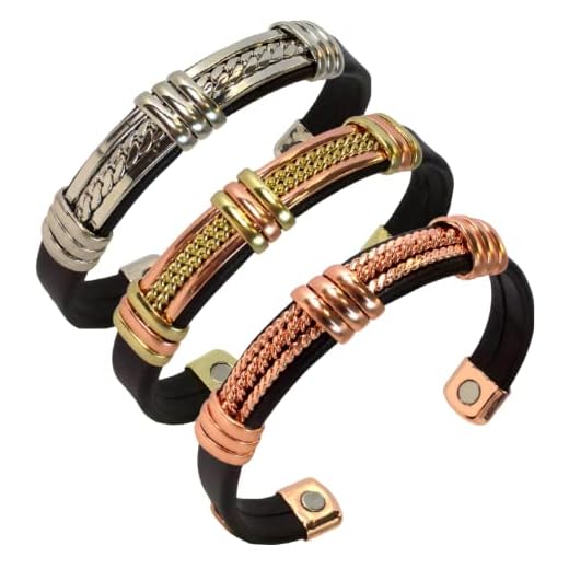 Earth Therapy - Value 3 Piece Magnetic Bracelet Set - Copper Leatherette Motorcycle Cuff for Men and Women - Healing for Arthritis, Carpal Tunnel and Joint Pain Relief - Adjustable Size…