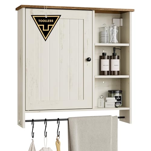 SONGMICS HOME Bathroom Wall Mounted Storage Cabinet, Superfast Toolless Assembly, Over the Toilet Hanging Medicine Cabinet with Adjustable Shelves & D