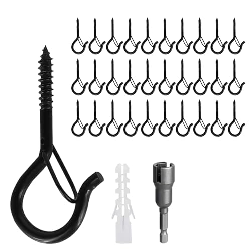 KUKUJIWA 30 Pièces Crochet à Visser en Acier Inoxydable, Crochet Plafond et Mural avec Loquet de Sécurité, Crochets à Vis pour Suspendre Plantes, Lanternes, Décoration de Fête et Luminaires (Noir)