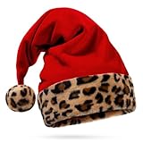 Hexonomy Red Velvet Santa Hat - Furry Leopard Print Trim, Faux Fur - Tan Brown Animal Cheetah Print, Fun Deluxe Christmas Accessory - Adult, 1 Size