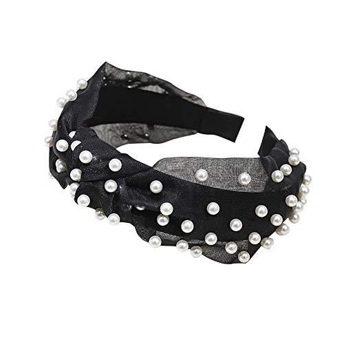 Pearl Headband for Women Girls Fashion Hair Accessaries Wide S.Cafe Mesh Fabric Cross Knot Pearl Hair Hoop for Wedding Party
