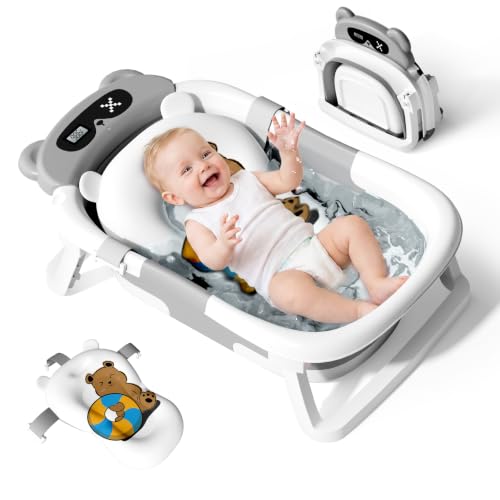 Collapsible Baby Bathtub for Newborn to Toddler (0-18 Months) - Foldable Baby Bath Tub with Soft Towel, Newborn&amp; Infant Bathtub for Travel and Outdoor, Grey