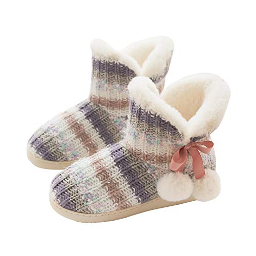 Winter Thick Plush Liner Bootie Women Teen Girls Cozy Thermal Knit Outdoor Indoor Slippers High-Top Pull on Shoes Lightweight Anti-Slip Ankle Boots Foot Warmer