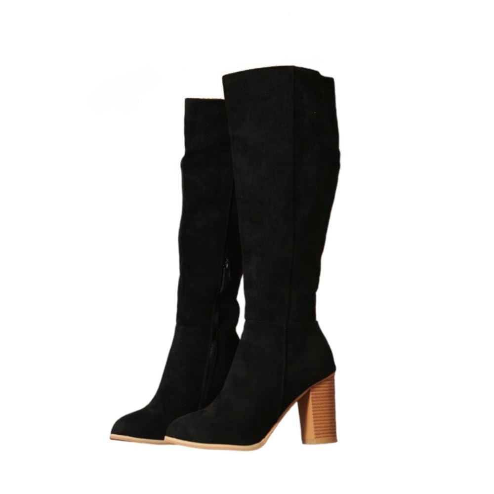 Faithgee Womens Fashion High Heel Classic Plain Knee High Boots Tan Suede Stylish Thick Sole Design for Trendy
