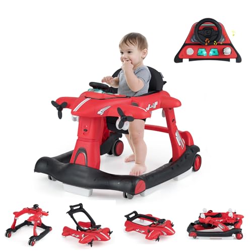 GOPLUS 6 en1 Andador Bebes para 6-14 Meses, Tacata Plegable con Altura Ajustable en 3 Niveles, Ruedas de Reducción, Bandeja de Música y Cojín Desmontable, Caminador Bebé Antideslizante (Rojo)