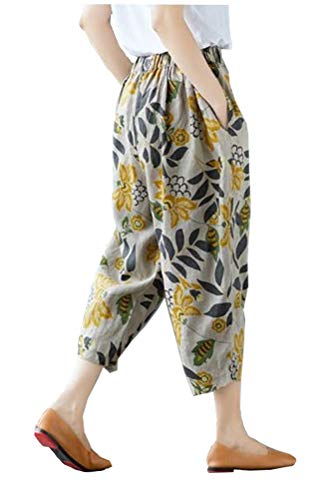 Minibee Women's Casual Loose Elastic Waist Cotton Trouser Cropped Wide Leg Pants L Green