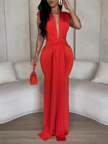 Image of Ekaliy Elegant Bodycon Dresses for Women Deep V Neck Maxi Dress Mermaid Long Dress