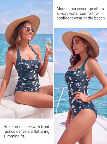 Image of Smismivo Tummy Control Swimwear Halter One Piece Slimming Vintage Retro Swimsuit Womens Ruched Push Up Bathing Suit