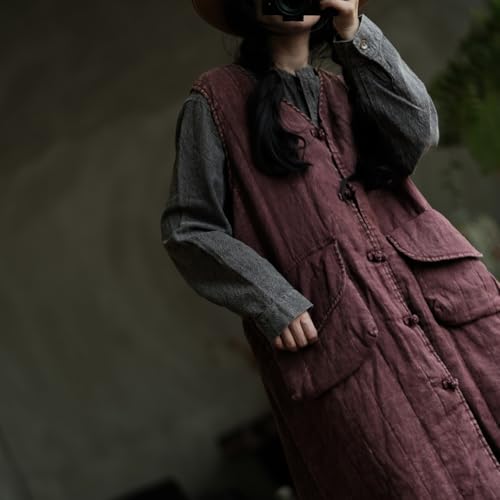 NFYM Womens Fall Winter Long Quilted Vest Lightweight Linen Frog Buttons Sleeveless Jacket Coats with Pockets3