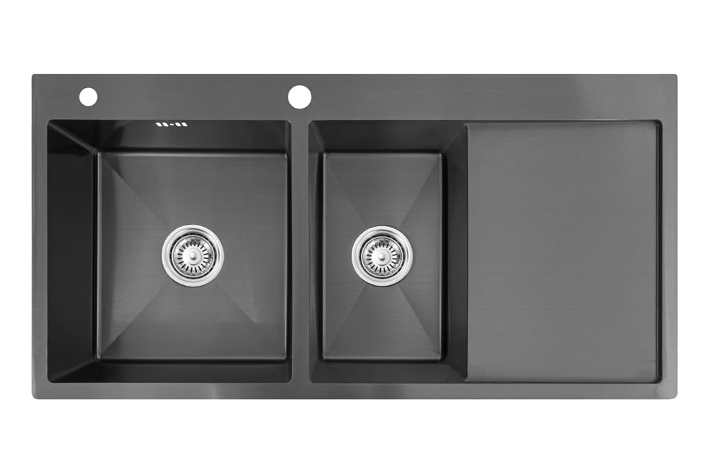 100 x 50 x 21, lavello da cucina, acciaio inox 304, spessore del materiale: 0,8 mm, lavello, lavello da incasso, rettangolare, 2 vasche troppopieno, scolapiatti, nero