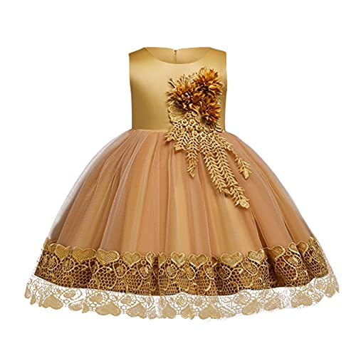 IBTOM CASTLE Formal Prom Summer Junior Wedding Girls Dresses A-line Sleeveless Knee Length Tutu Ruffle Kids Princess Baptism Christening Birthday Party Baby Frocks Yellow 9-10 Years