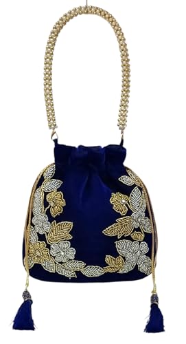 Image of Velvet Potli Bag with Golden & Silver Beaded Flower Embroidery - Handcrafted Ethnic Drawstring Bag for Weddings, Parties & Festive Gifts - Beaded Handle & Tassels for Women