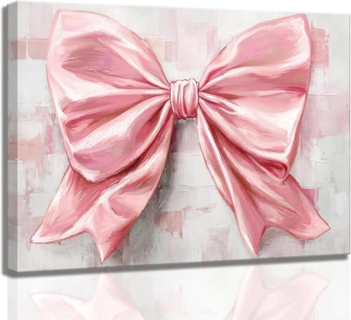 Image of Pink Bow Canvas Wall Art Trendy Cute Preppy Watercolor Bow Painting Pictures Wall Decor Posters Prints Girly Aesthetic for College Apartment Bedroom Decoration