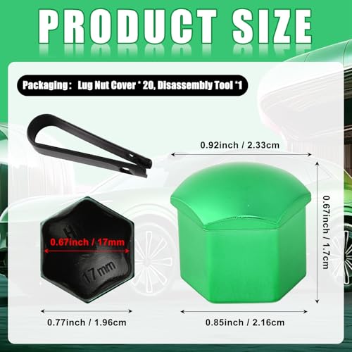Image of Blueshyhall 17mm Wheel Lug Nut Cover Bolt Caps Anti-Rust Car Tire Nut Cover with Removal Tool (Pack of 20) - Chrome Green