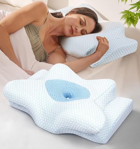 【日本設計】Reafcozy dream Without Pain 低反発枕 首・肩サポート 安眠まくら 大人用横向き寝・仰向け・うつ伏せ対応 冷感素材 人間工学設計 頚椎サポート枕 (ブルー)