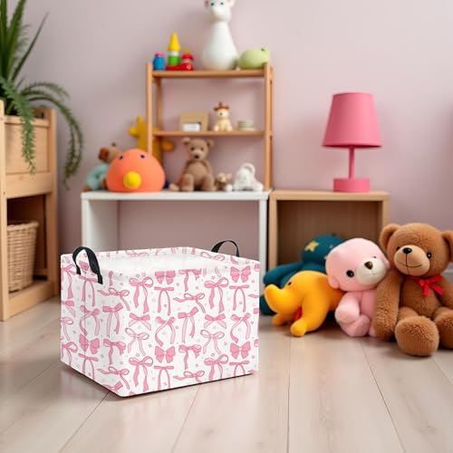 Image of Rectangular Kids Storage Basket for Home Kitchen Girls Cute Storage Bin Organizer Shelf Book Room Decor(Pink Bowknot)